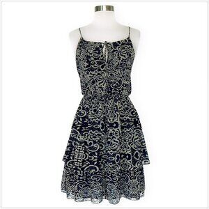 Robbi & Nikki Navy Beige Scroll Batik Tiered Layered Summer Slip Dress Size XS